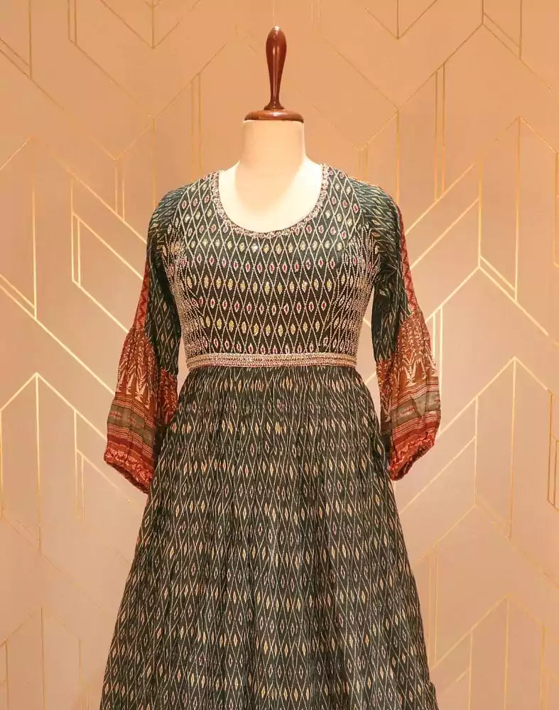Image of Green Ikat pattern print Stones work Chiffon Dress Gown