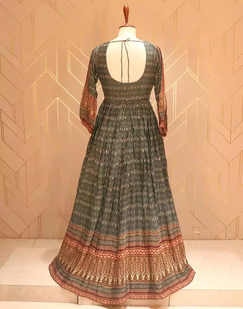Image of Green Ikat pattern print Stones work Chiffon Dress Gown