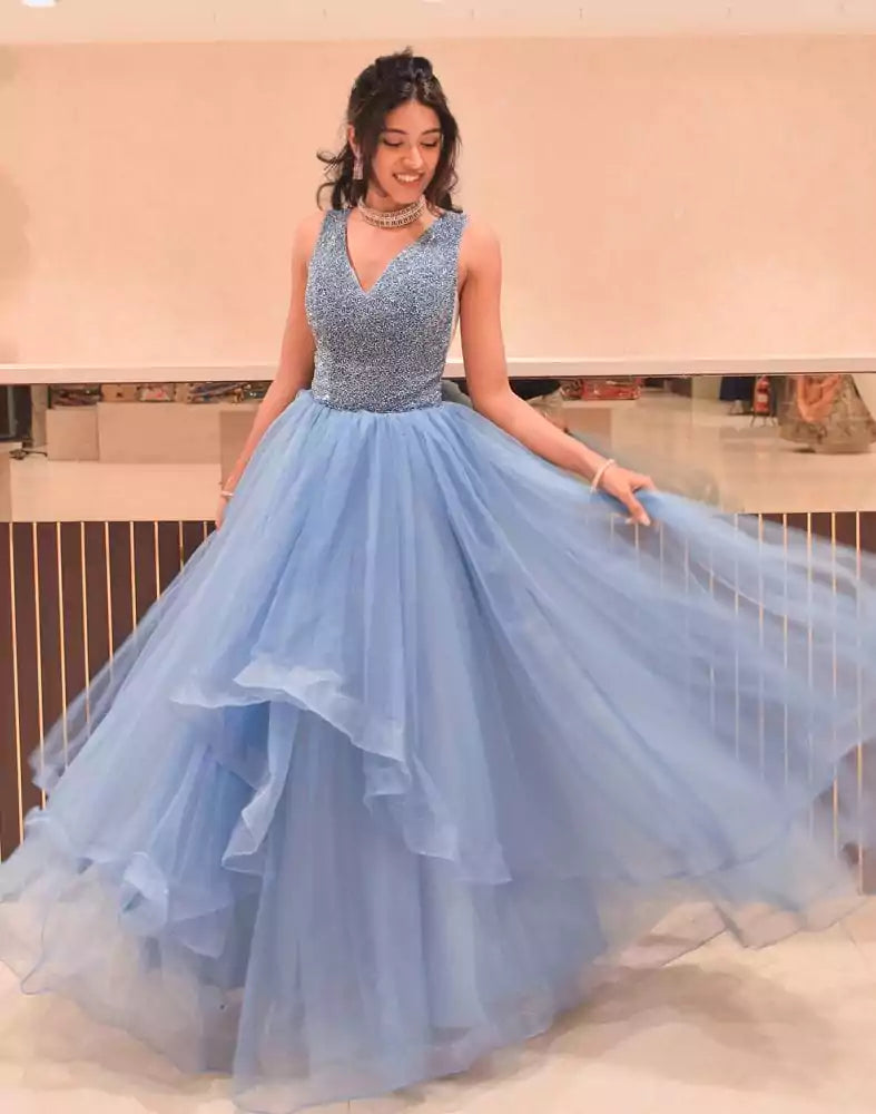 Image of Blue colour fully flared Crystal work Netted Gown
