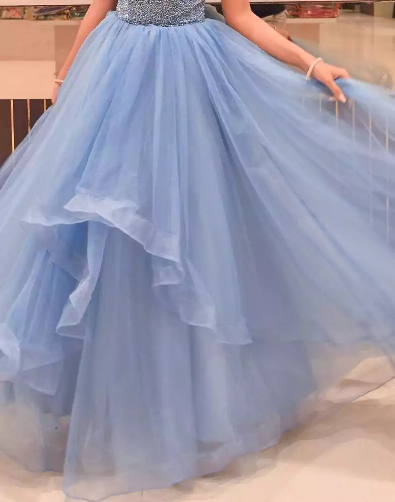 Image of Blue colour fully flared Crystal work Netted Gown