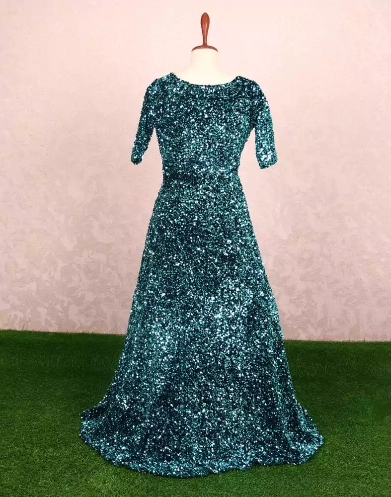 Image of Sky Blue Embellished Velvet Embellished Gown