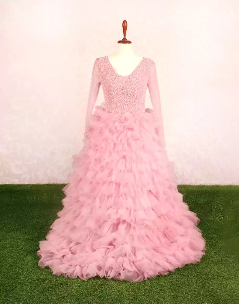 Image of Designer Pink fully flared Netted Pearls work Gown