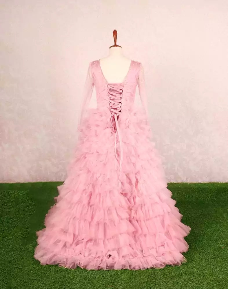 Image of Designer Pink fully flared Netted Pearls work Gown