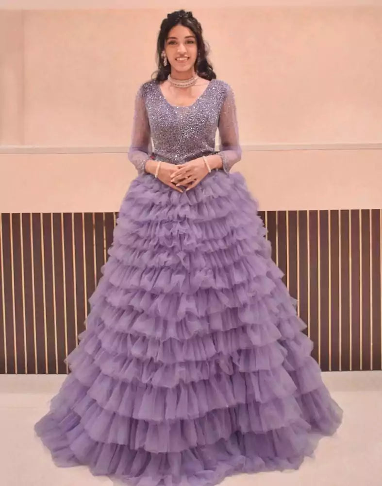 Image of Designer Violet fully flared Netted Pearls work Gown