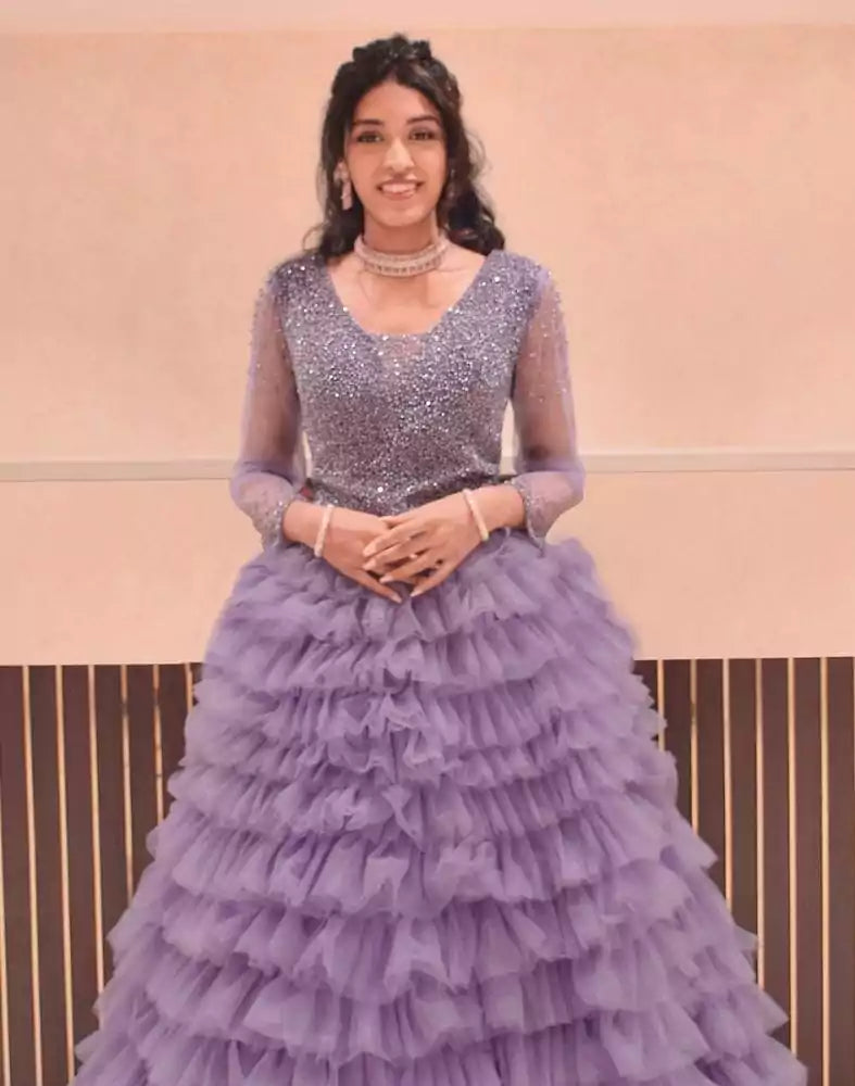 Image of Designer Violet fully flared Netted Pearls work Gown