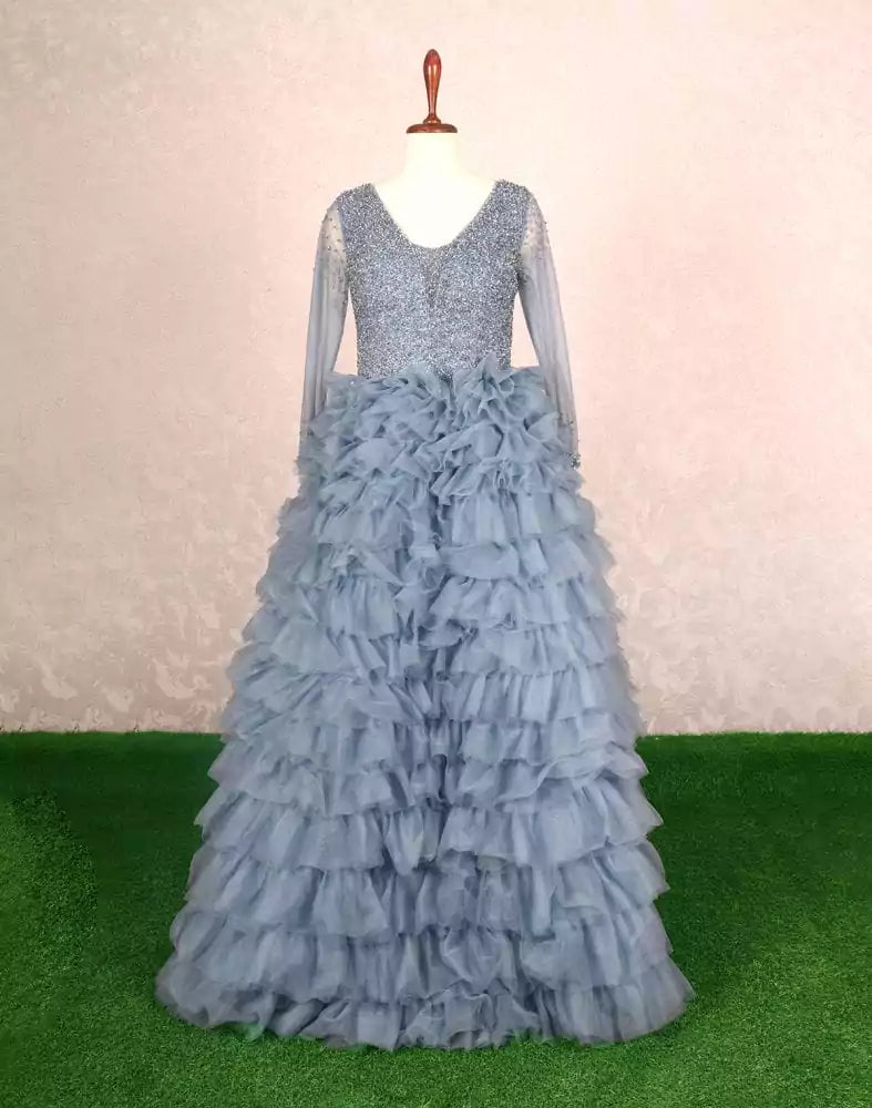 Image of Designer Grey fully flared Netted Pearls work Gown