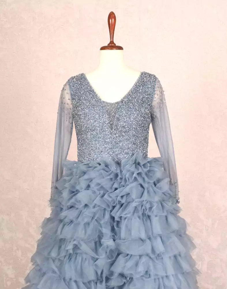 Image of Designer Grey fully flared Netted Pearls work Gown