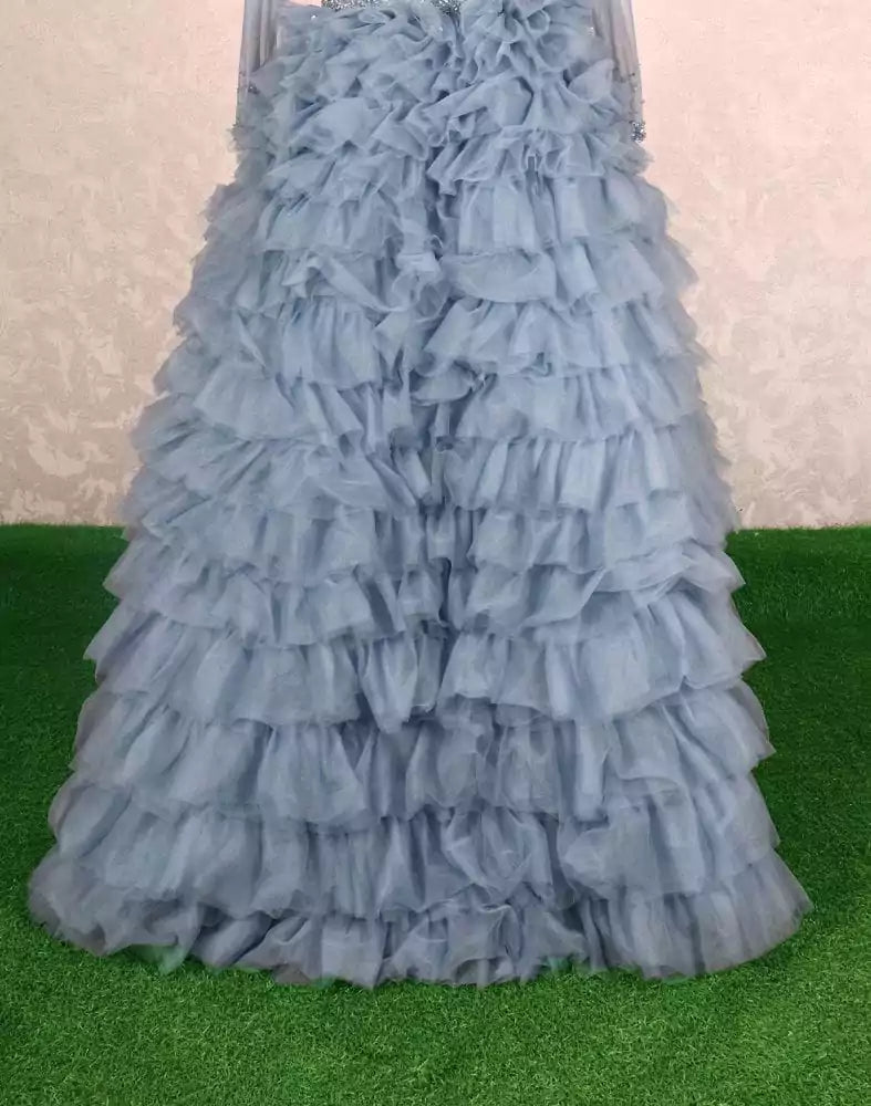 Image of Designer Grey fully flared Netted Pearls work Gown