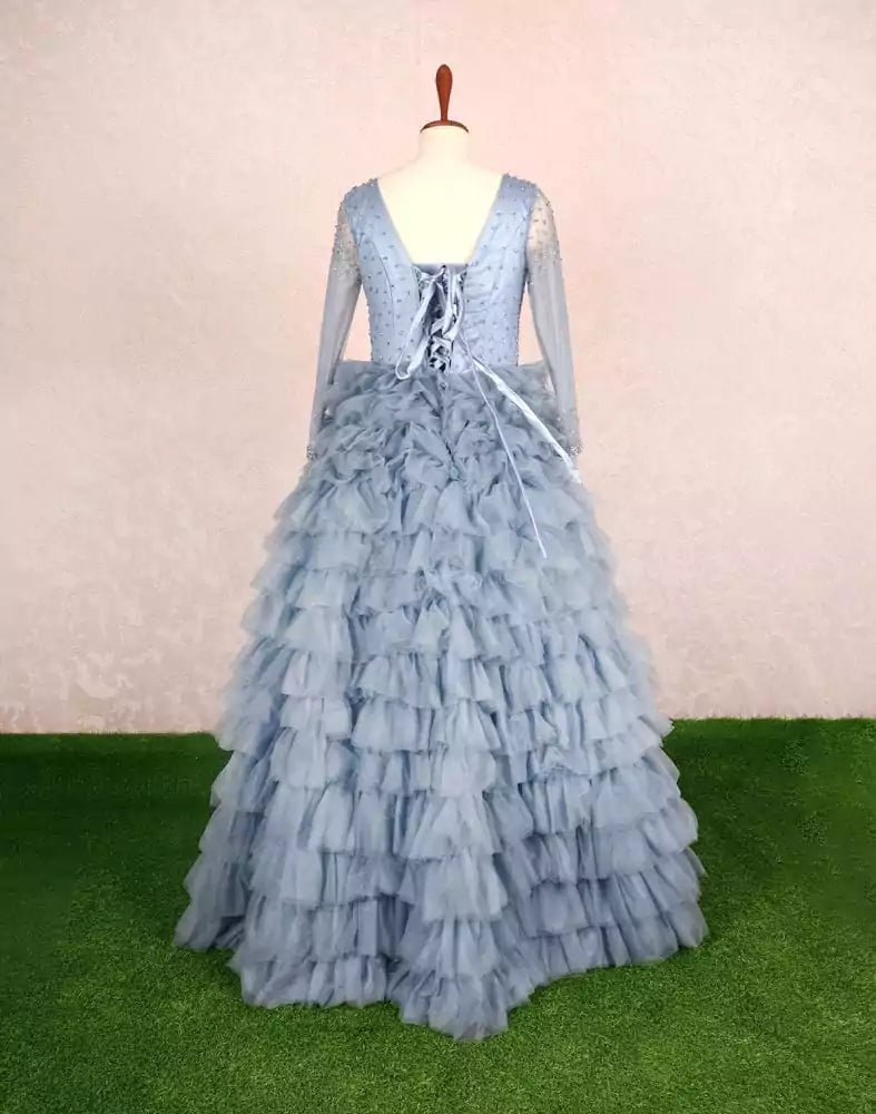 Image of Designer Grey fully flared Netted Pearls work Gown