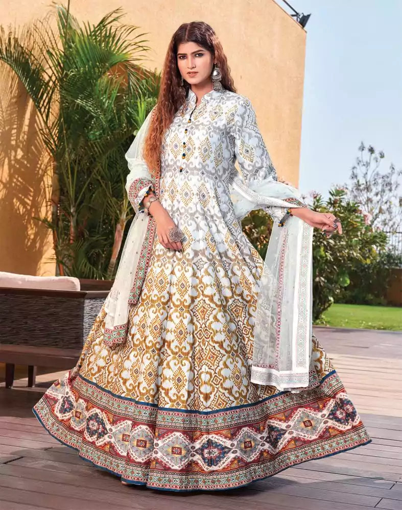 Image of Grey Color Ikat Crape Mirror work Gown