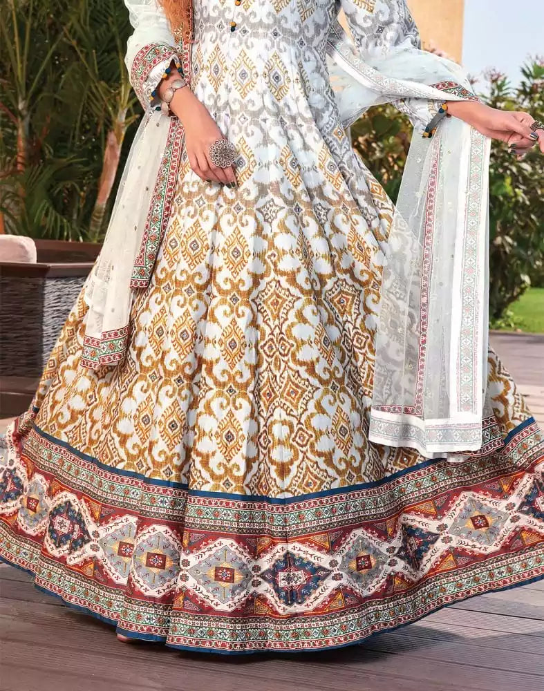 Image of Grey Color Ikat Crape Mirror work Gown