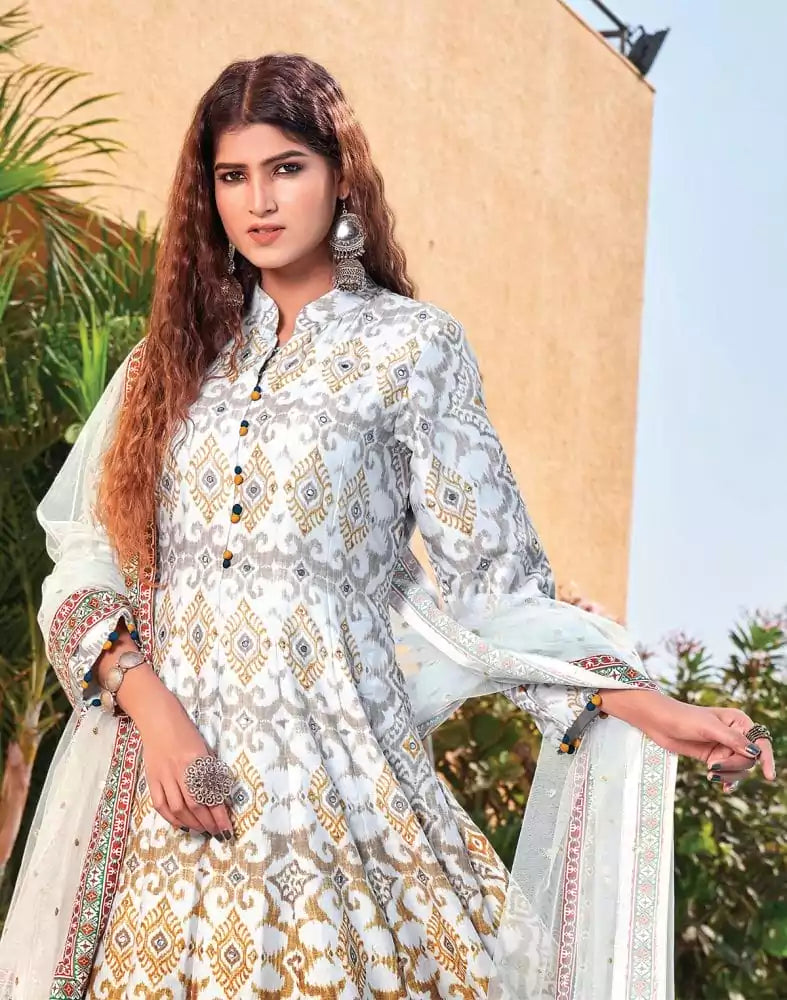 Image of Grey Color Ikat Crape Mirror work Gown