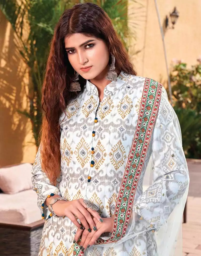 Image of Grey Color Ikat Crape Mirror work Gown