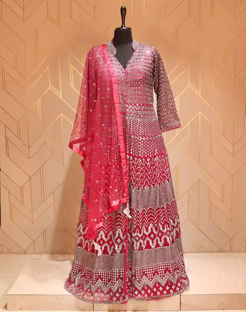 Image of Maroon Chevron Netted Mirror Work Gown with Dupatta