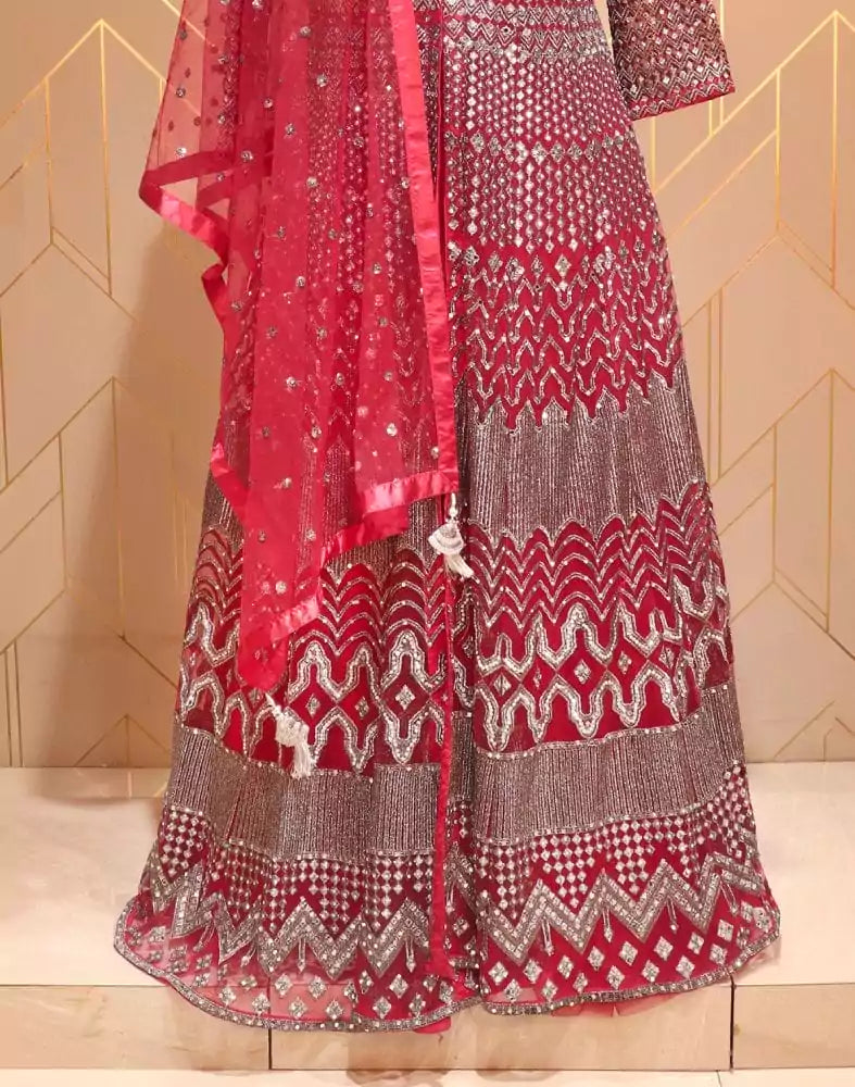 Image of Maroon Chevron Netted Mirror Work Gown with Dupatta