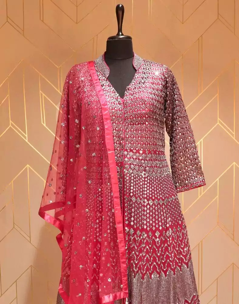 Image of Maroon Chevron Netted Mirror Work Gown with Dupatta