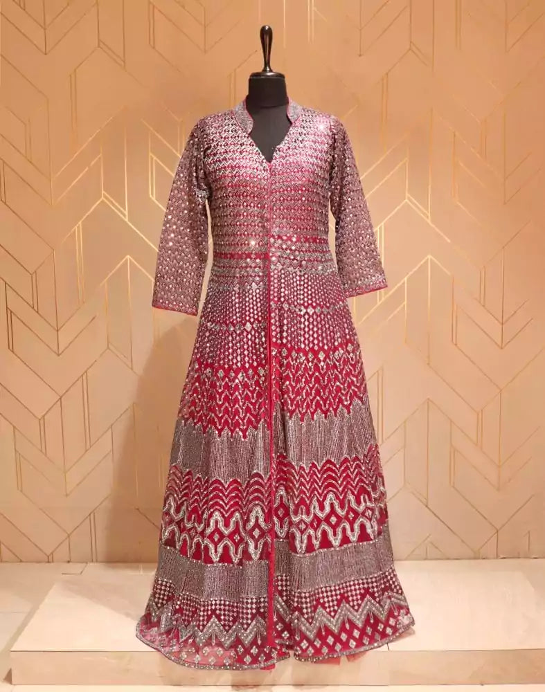 Image of Maroon Chevron Netted Mirror Work Gown with Dupatta
