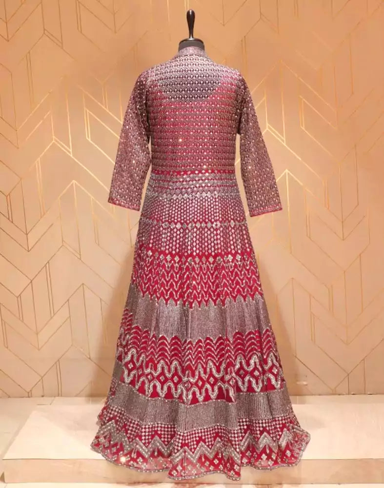 Image of Maroon Chevron Netted Mirror Work Gown with Dupatta