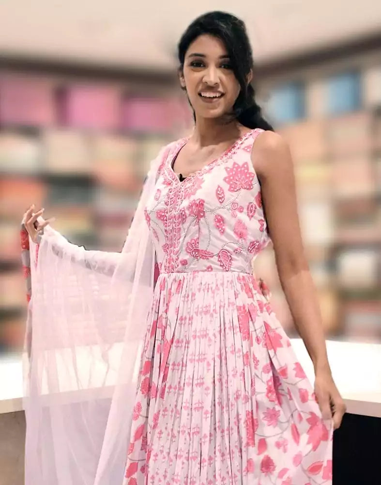 Image of Pink Floral Print Chiffon Gown