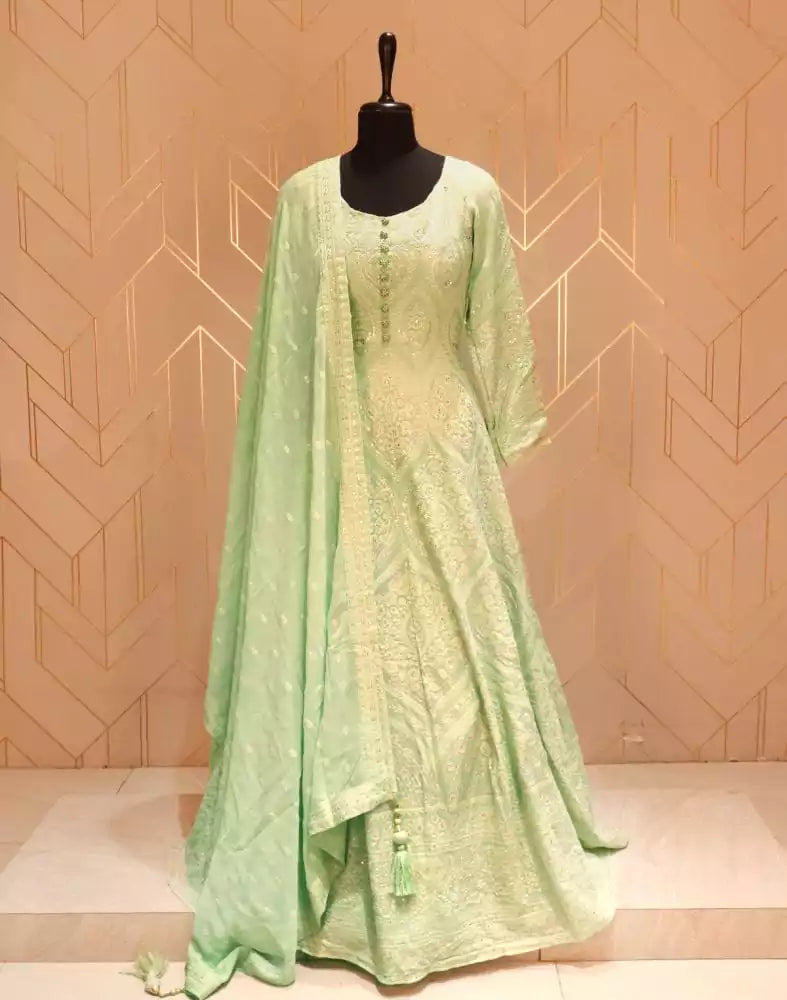 Image of Designer Pista Green Floral Embellished work Georgette Dress Gown with Dupatta