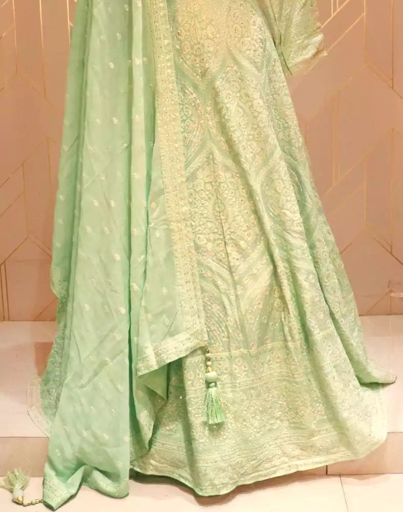 Image of Designer Pista Green Floral Embellished work Georgette Dress Gown with Dupatta