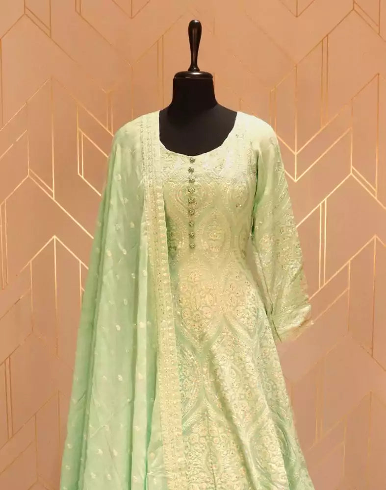Image of Designer Pista Green Floral Embellished work Georgette Dress Gown with Dupatta