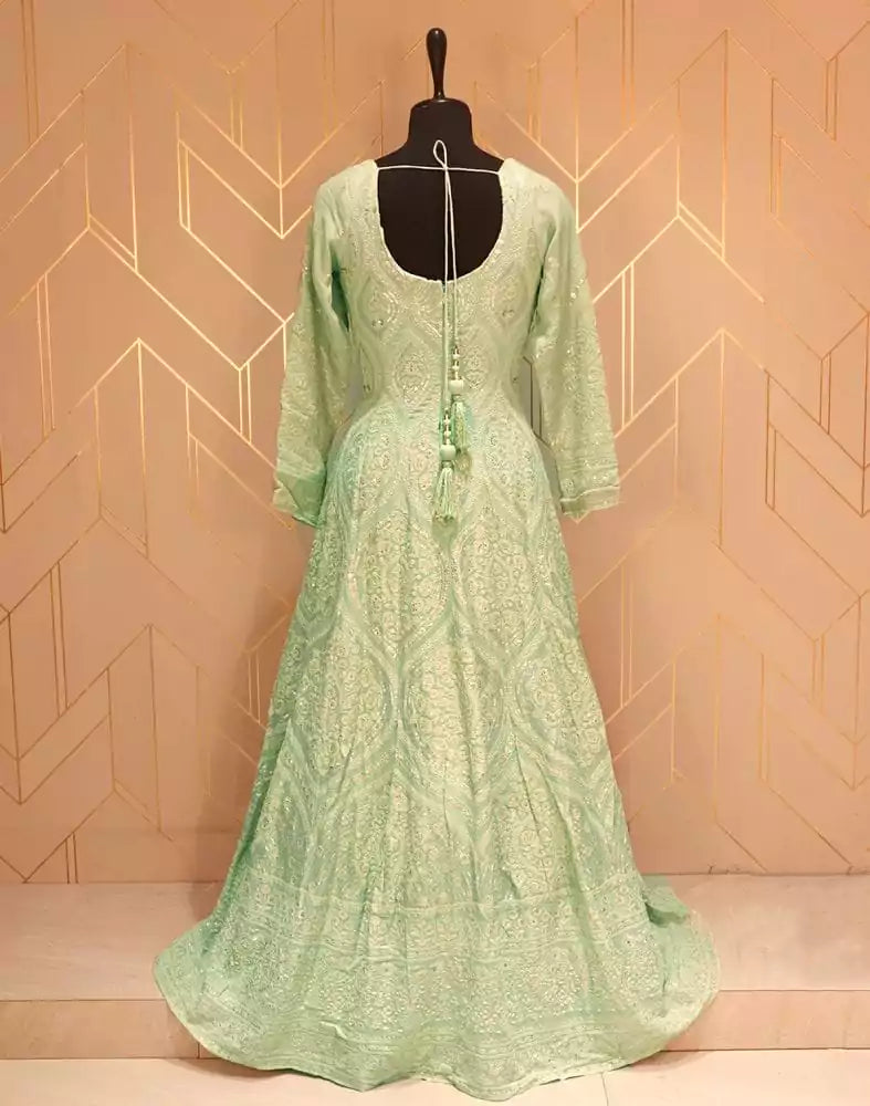 Image of Designer Pista Green Floral Embellished work Georgette Dress Gown with Dupatta
