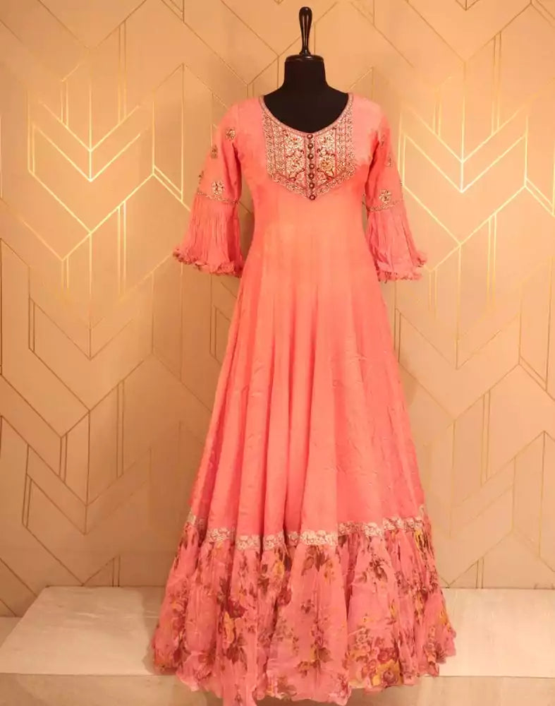 Designer Peach Flared Plain Chiffon Dress Gown South India Shopping Mall Designer Peach Flared Plain Chiffon Dress Gown South India Shopping Mall