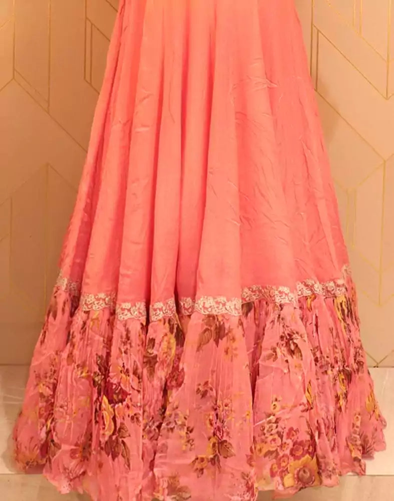 Image of Designer Peach Coloured fully flared Plain Chiffon fabric Dress Gown