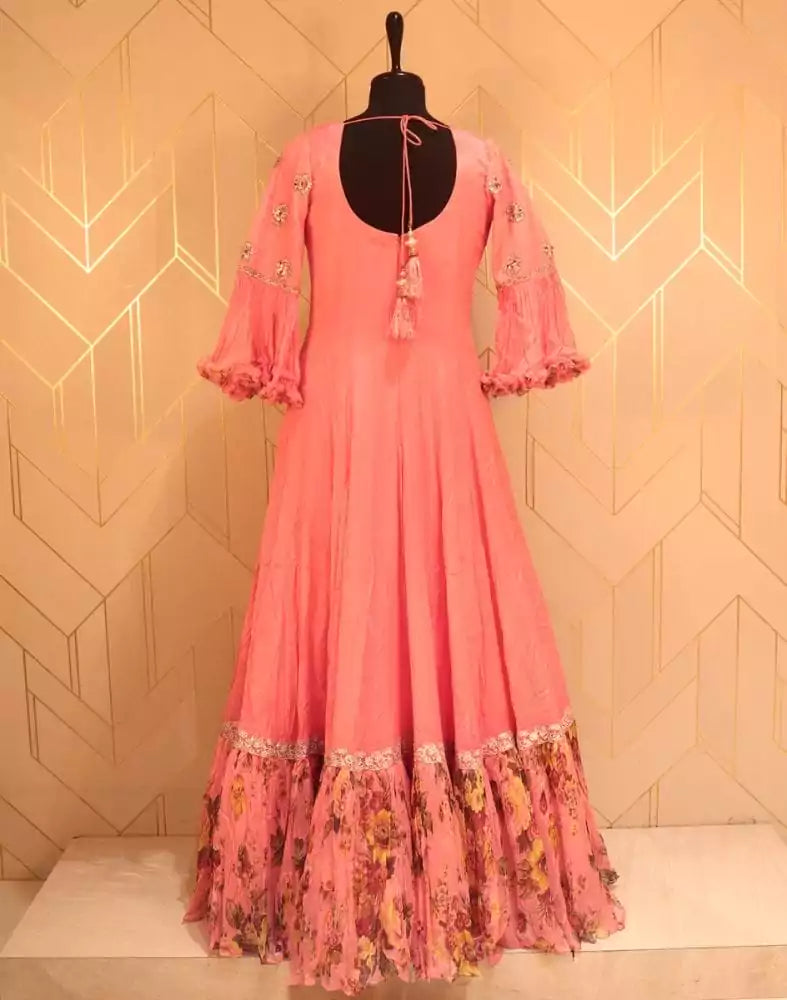 Image of Designer Peach Coloured fully flared Plain Chiffon fabric Dress Gown