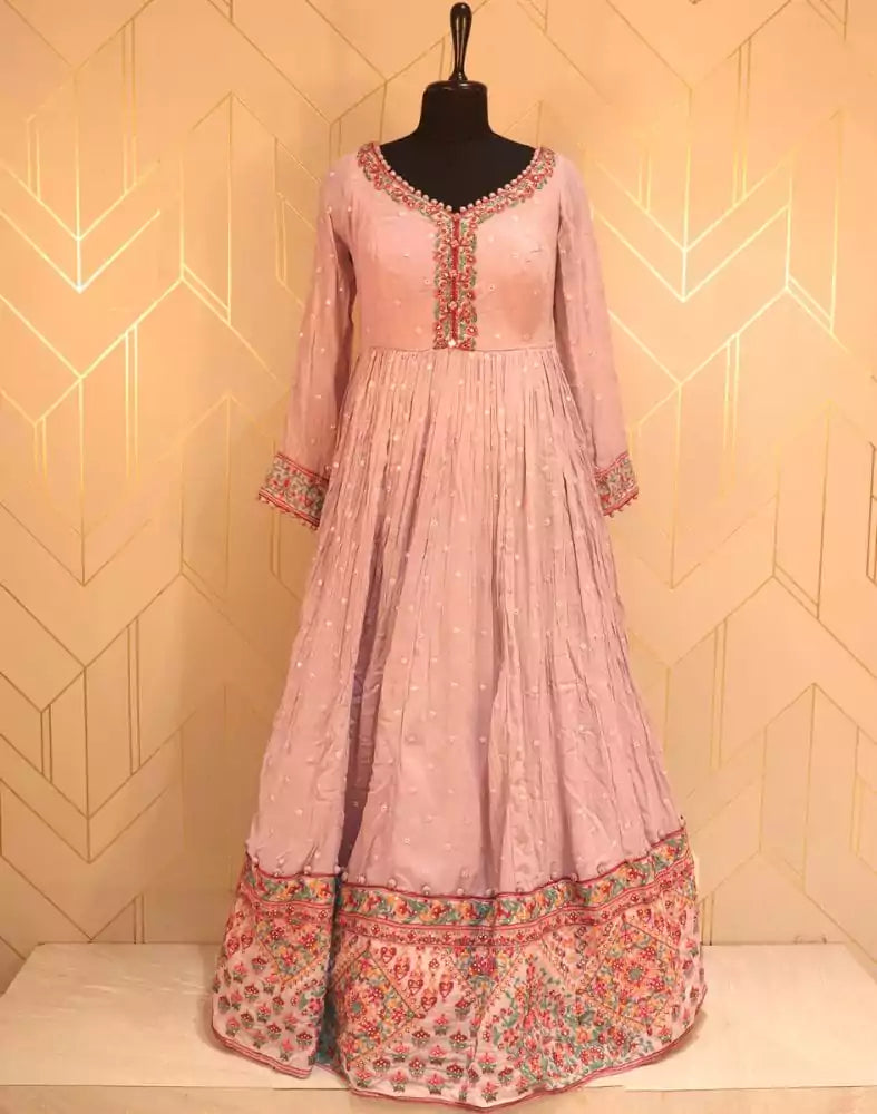 Image of Designer Peach Plain Mirror work Georgette Dress Gown