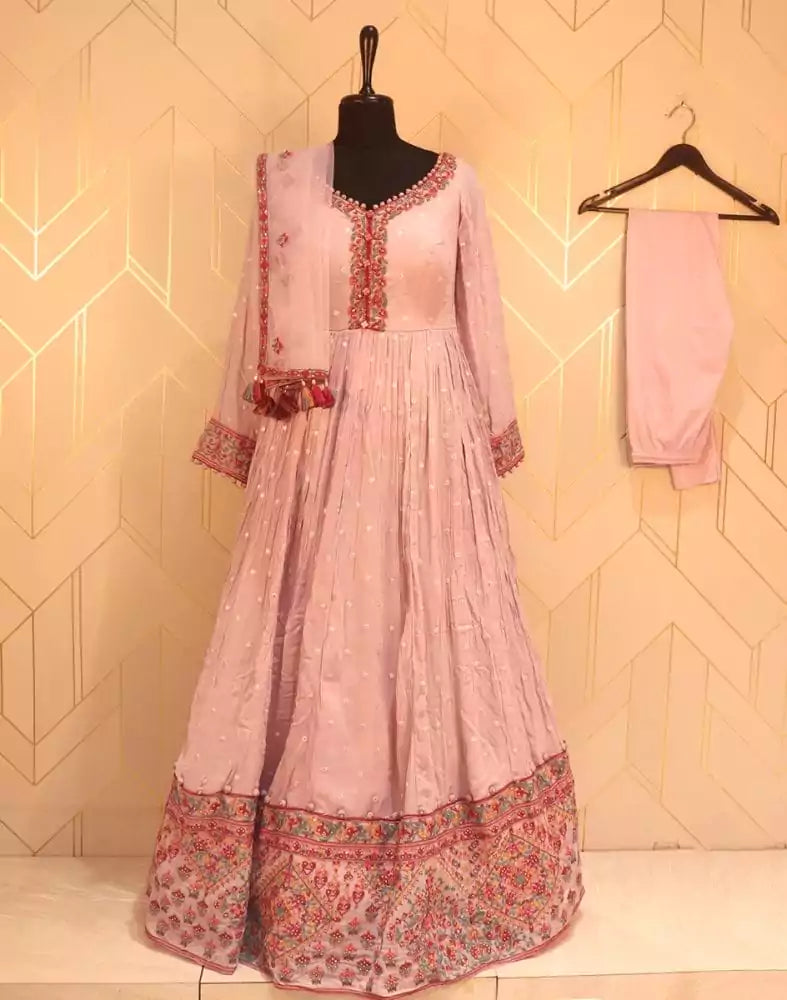 Image of Designer Peach Plain Mirror work Georgette Dress Gown