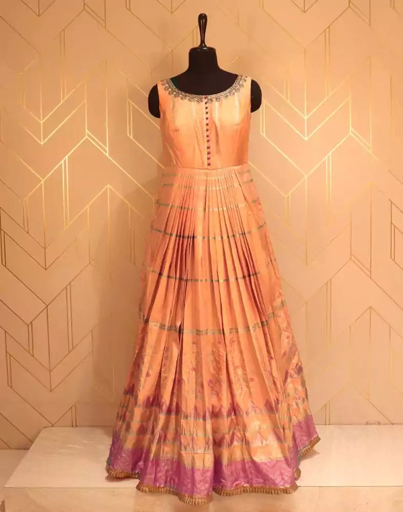Image of Designer Orange Striped Print Raw Silk Dress Gown
