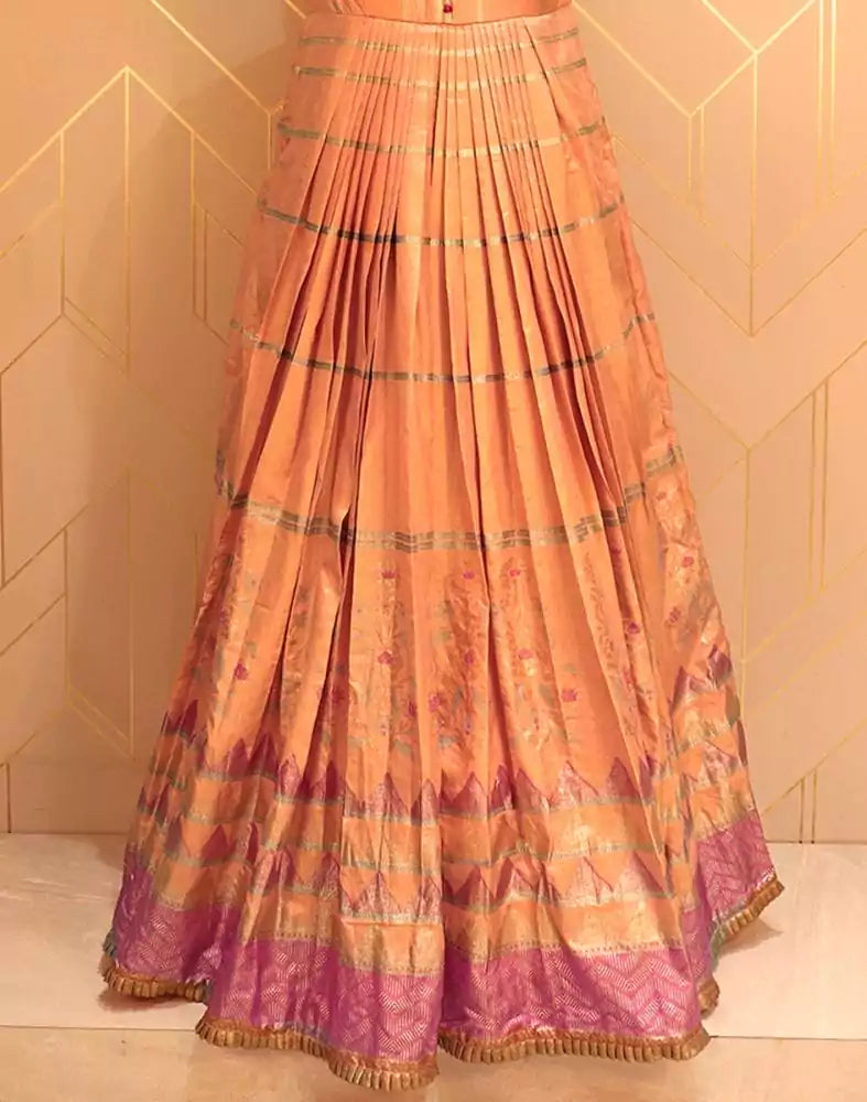 Image of Designer Orange Striped Print Raw Silk Dress Gown
