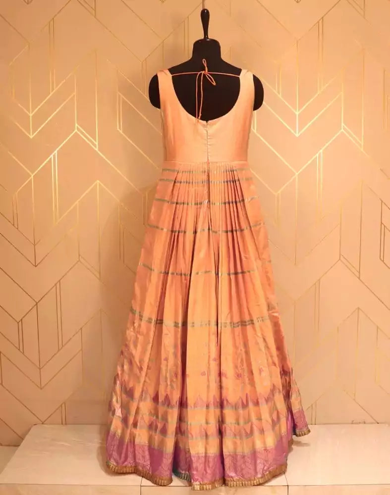 Image of Designer Orange Striped Print Raw Silk Dress Gown