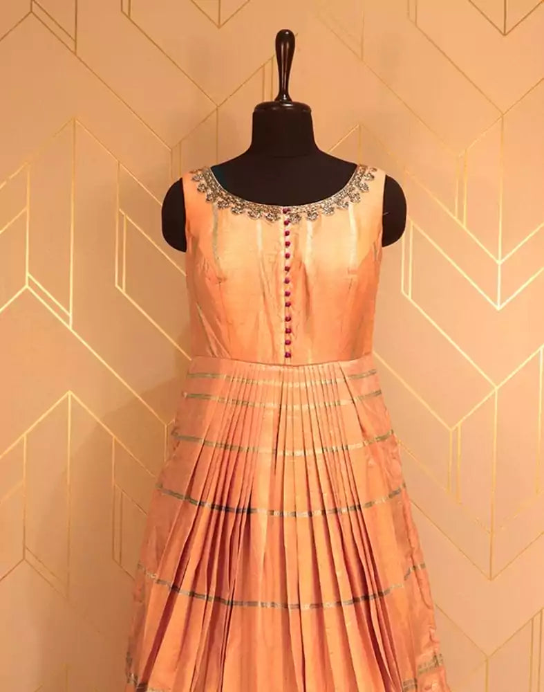 Image of Designer Orange Striped Print Raw Silk Dress Gown