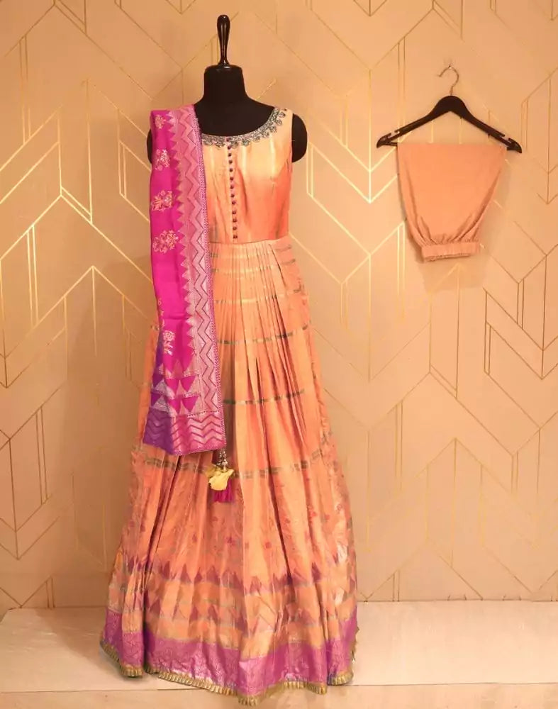 Image of Designer Orange Striped Print Raw Silk Dress Gown