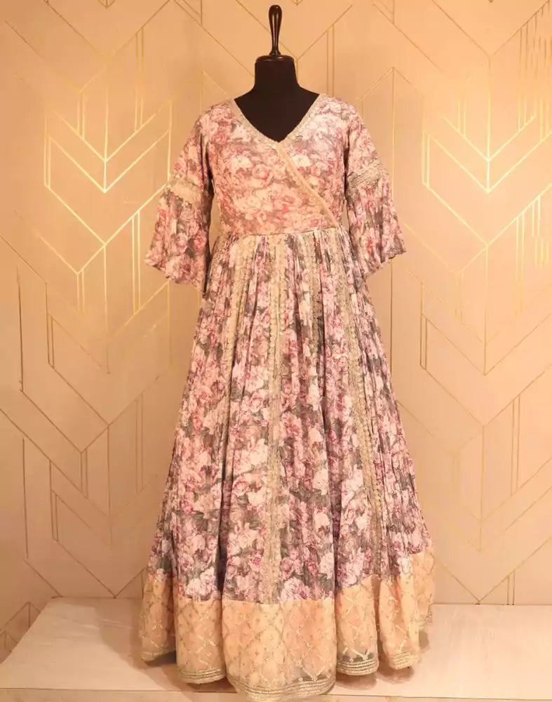 Image of Designer Light Pink Floral Print Chiffon Dress Gown