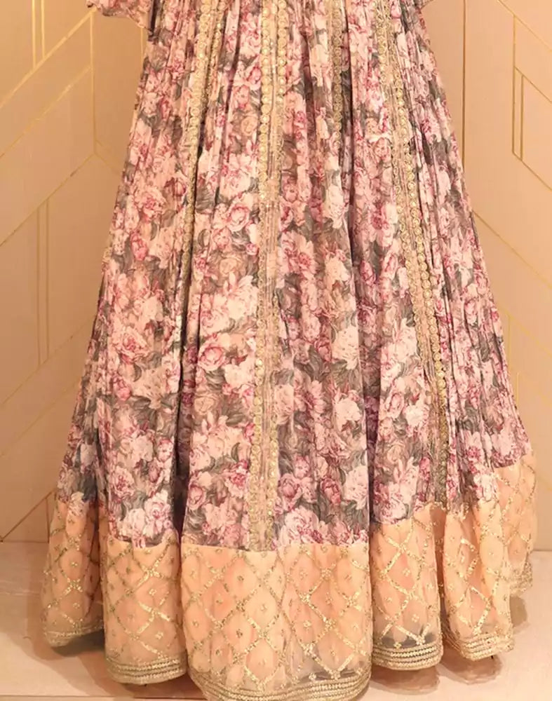 Image of Designer Light Pink Floral Print Chiffon Dress Gown