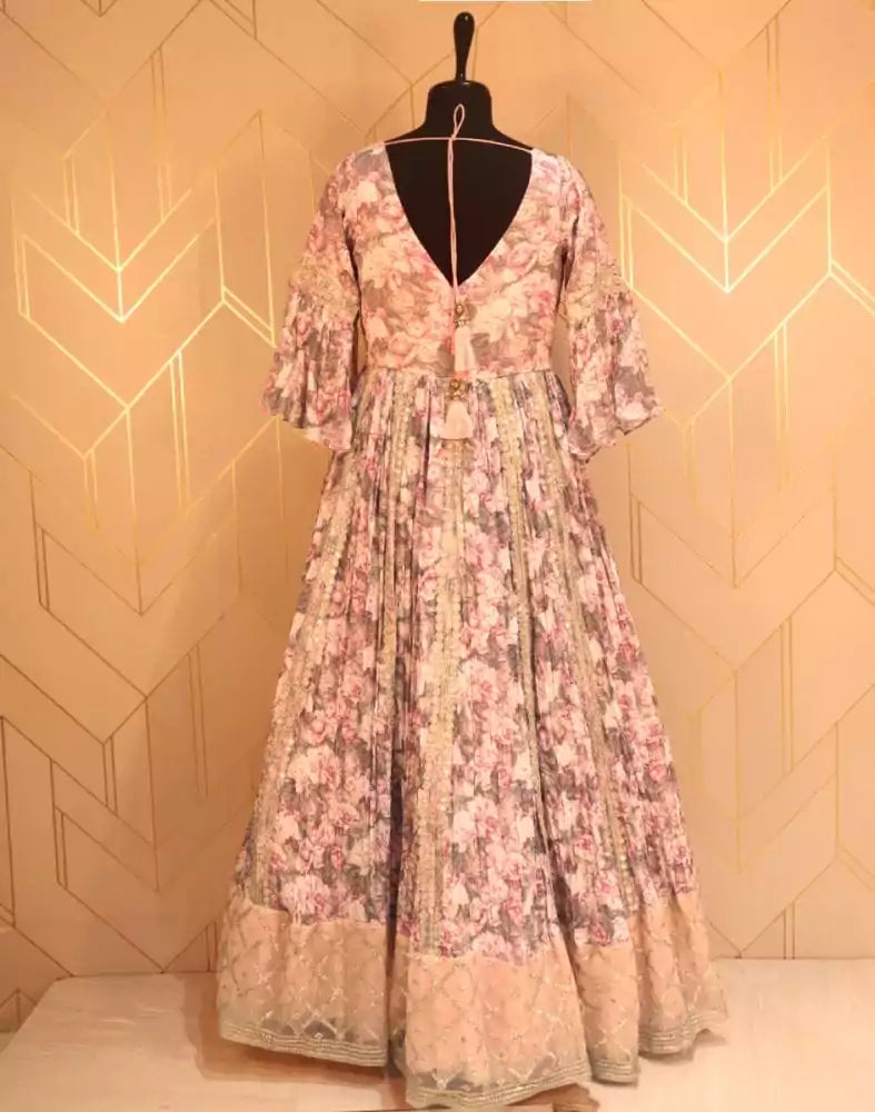 Image of Designer Light Pink Floral Print Chiffon Dress Gown