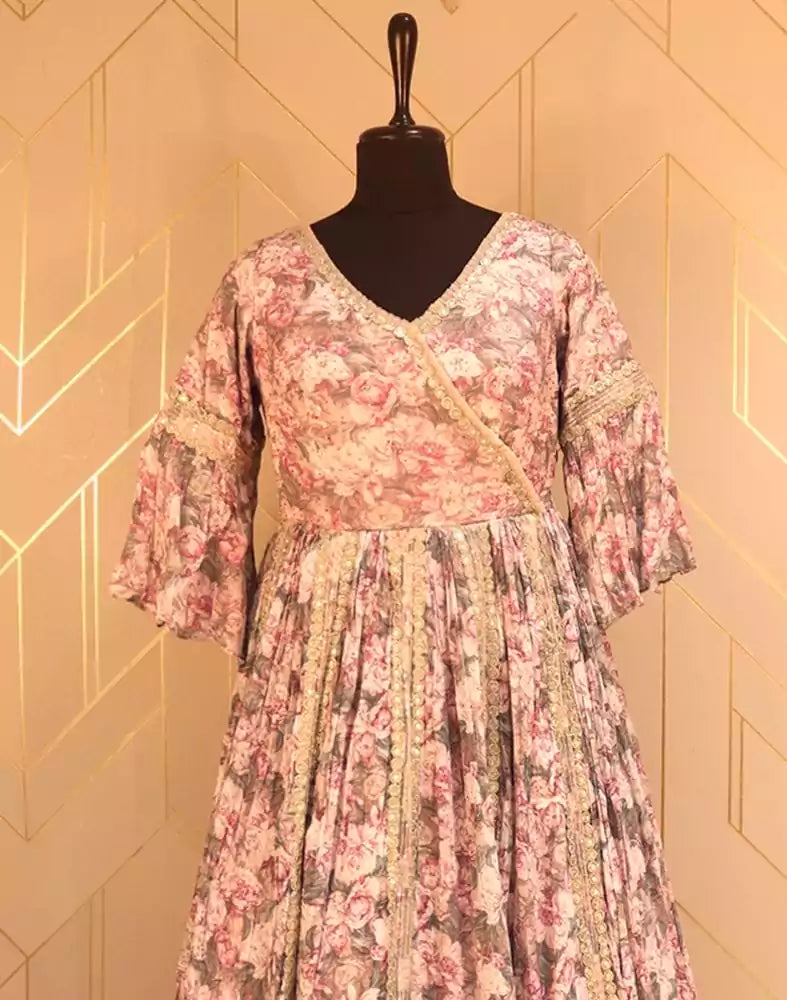 Image of Designer Light Pink Floral Print Chiffon Dress Gown