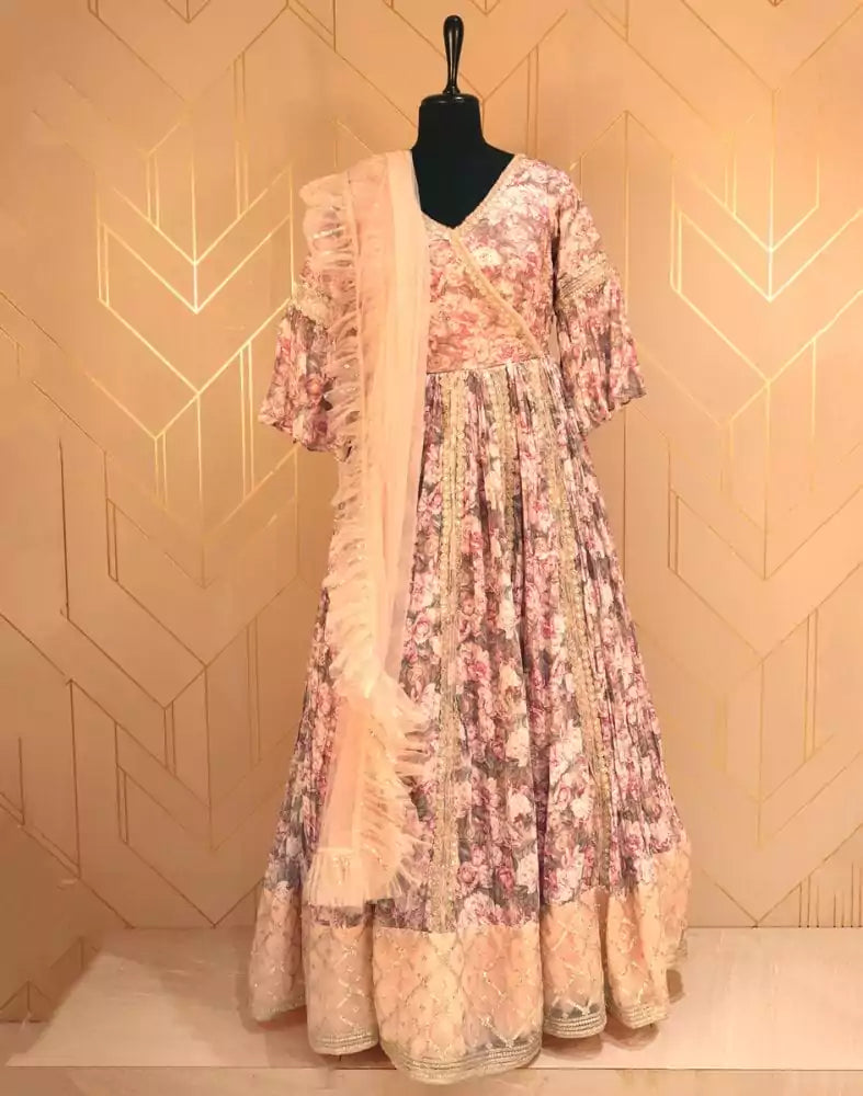 Image of Designer Light Pink Floral Print Chiffon Dress Gown