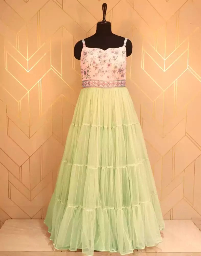 Image of Designer Light Green Embroidery work Netted Dress Gown