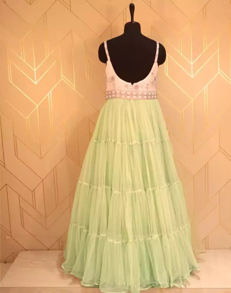 Image of Designer Light Green Embroidery work Netted Dress Gown