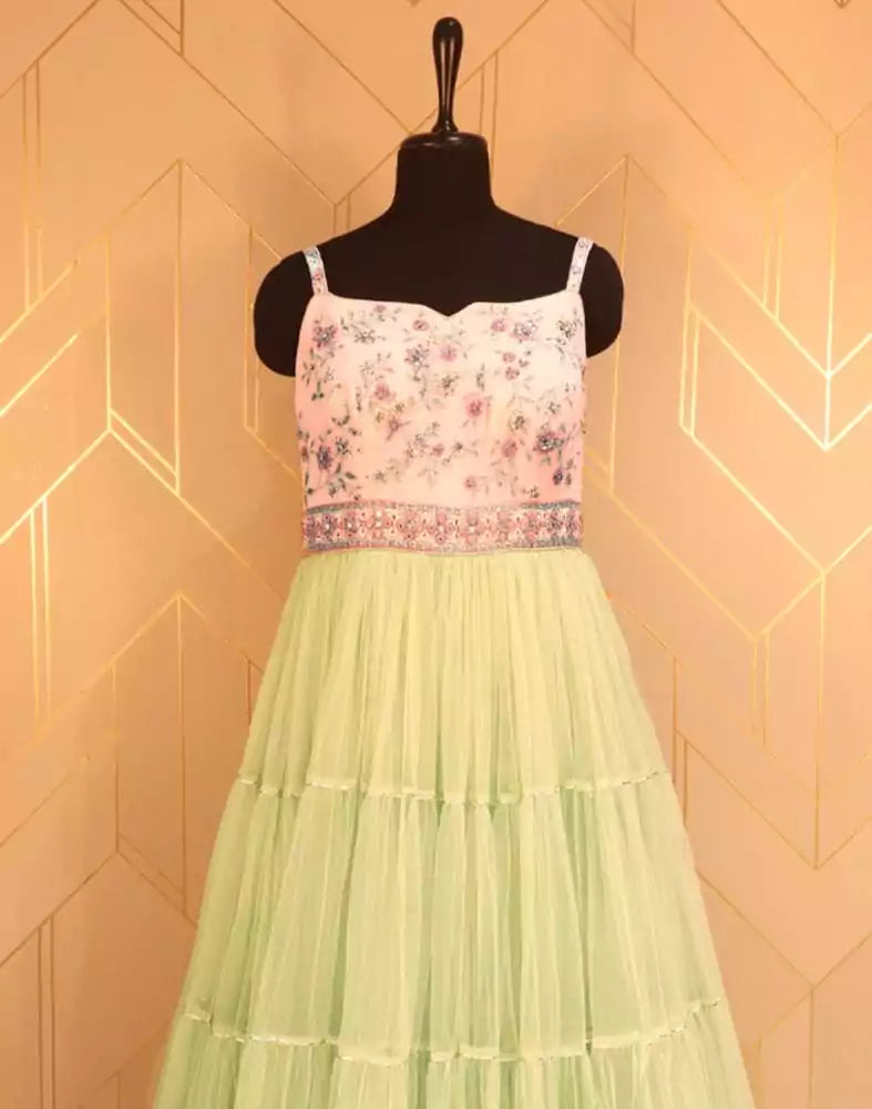 Image of Designer Light Green Embroidery work Netted Dress Gown