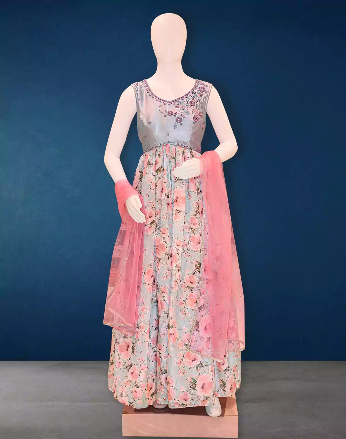 Image of Light Grey Floral Print Crape Gown with Netted Dupatta