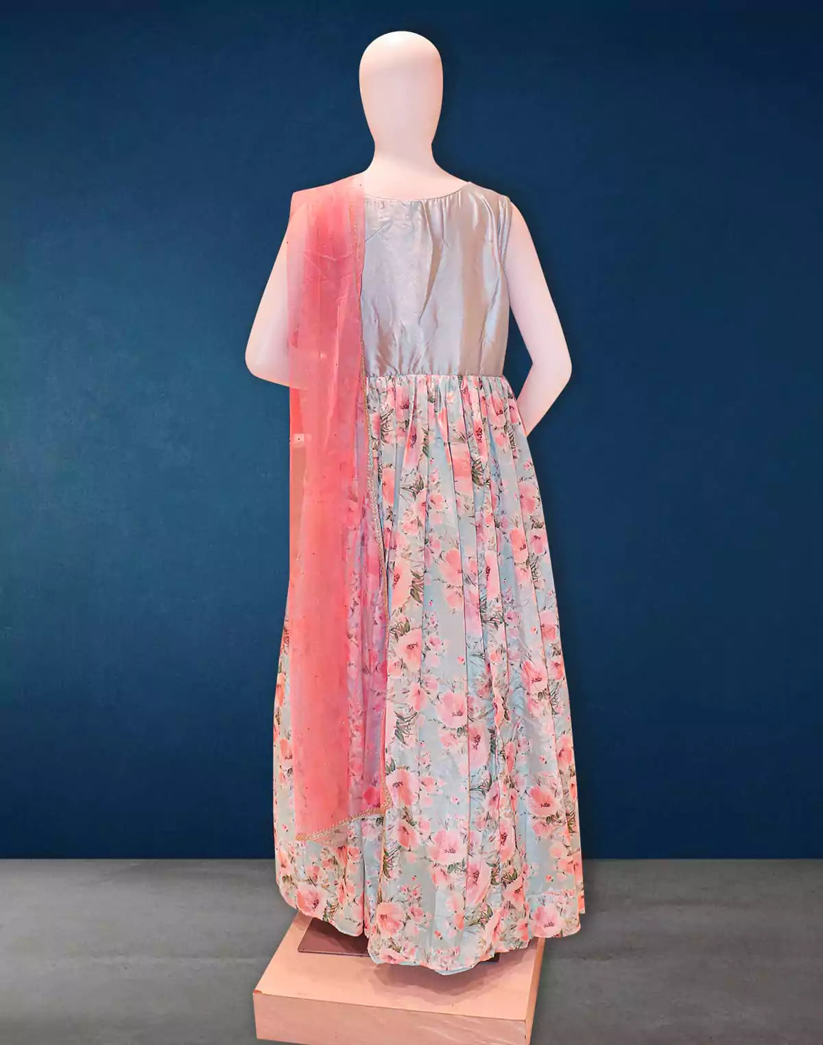 Image of Light Grey Floral Print Crape Gown with Netted Dupatta