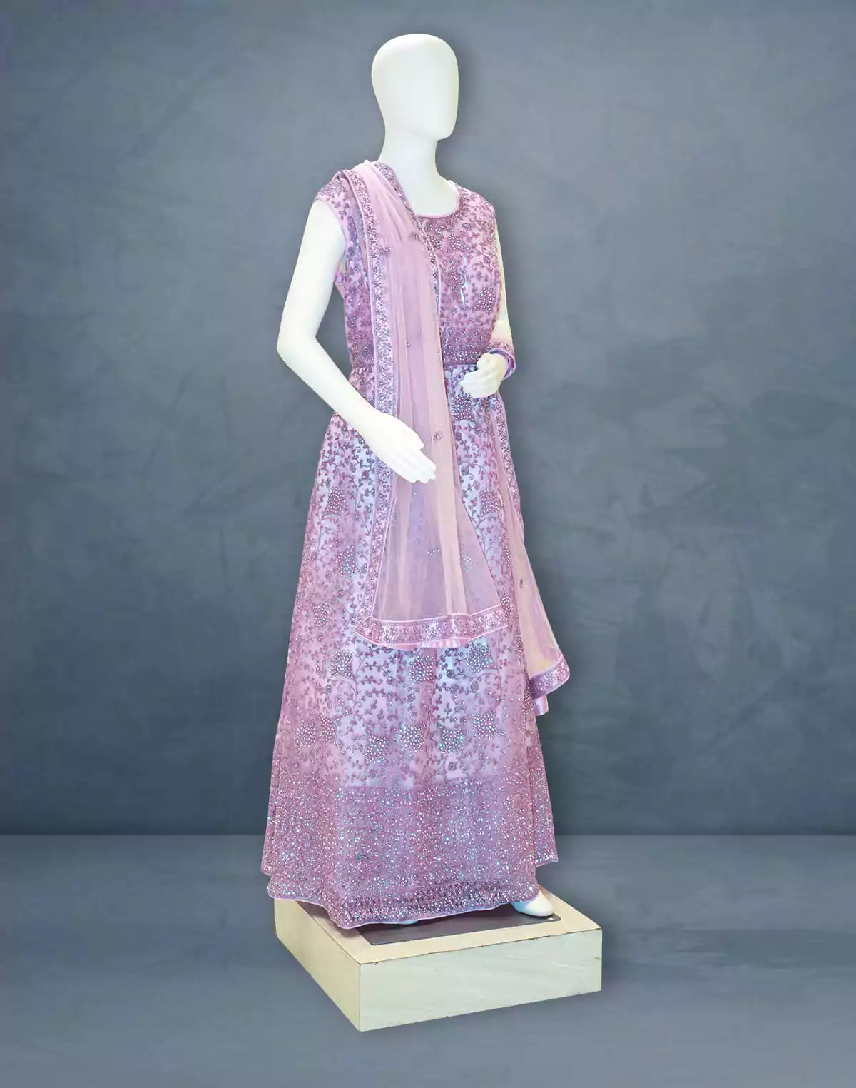 Image of Light Purple fully flared Netted Stones work Gown with Dupatta