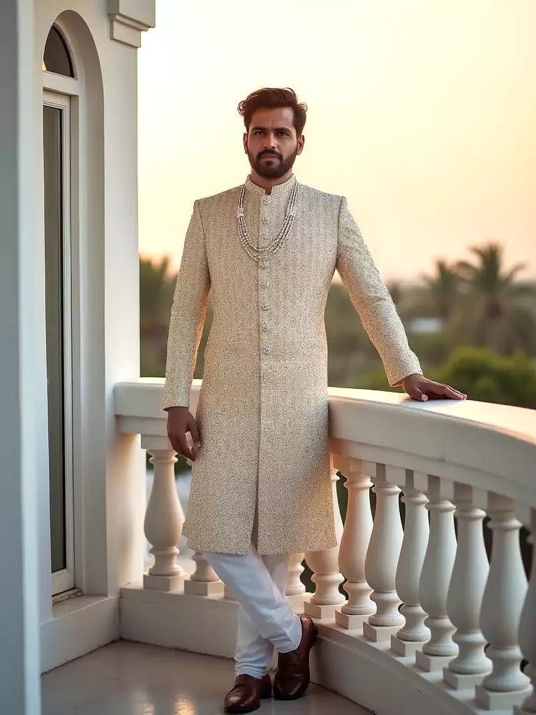 Image of Gold All Over Rich Zardosi with Stones work Tussar Fabric Sherwani - South India Shopping Mall