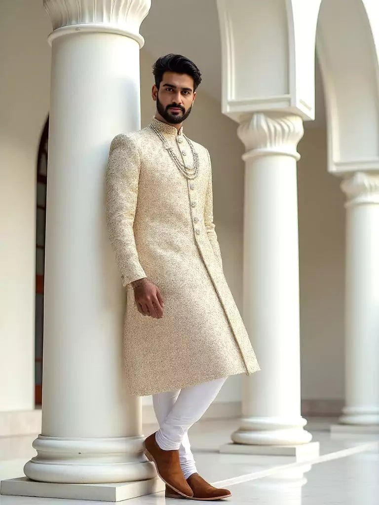 Image of Gold All Over Rich Zardosi with Stones work Tussar Fabric Sherwani - South India Shopping Mall